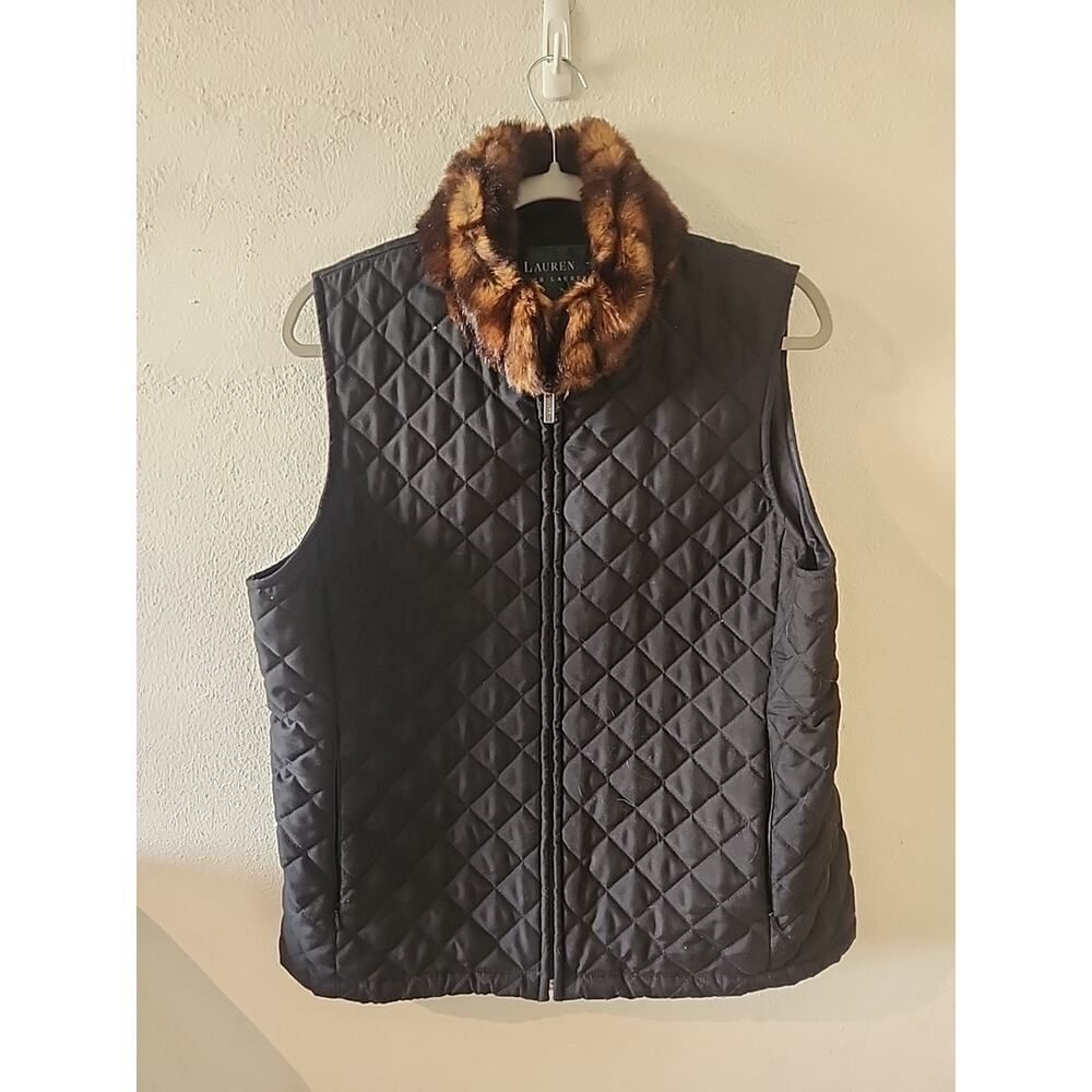 Lauren Ralph Lauren M Vest Black Checkered With Faux Fur Collar Full Zip